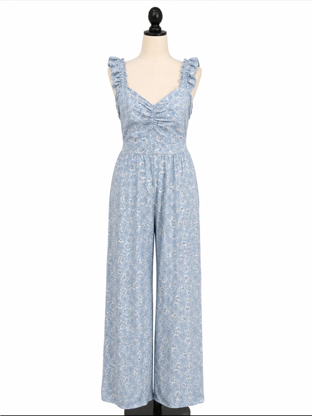 torrid Light Blue Floral Wide-Leg Jumpsuit with Ruffle Straps